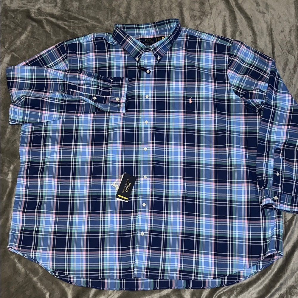 Polo Ralph Lauren Shirt Mens 5XB Dry Wicking LS Oxford  Blue Plaid NWT $138